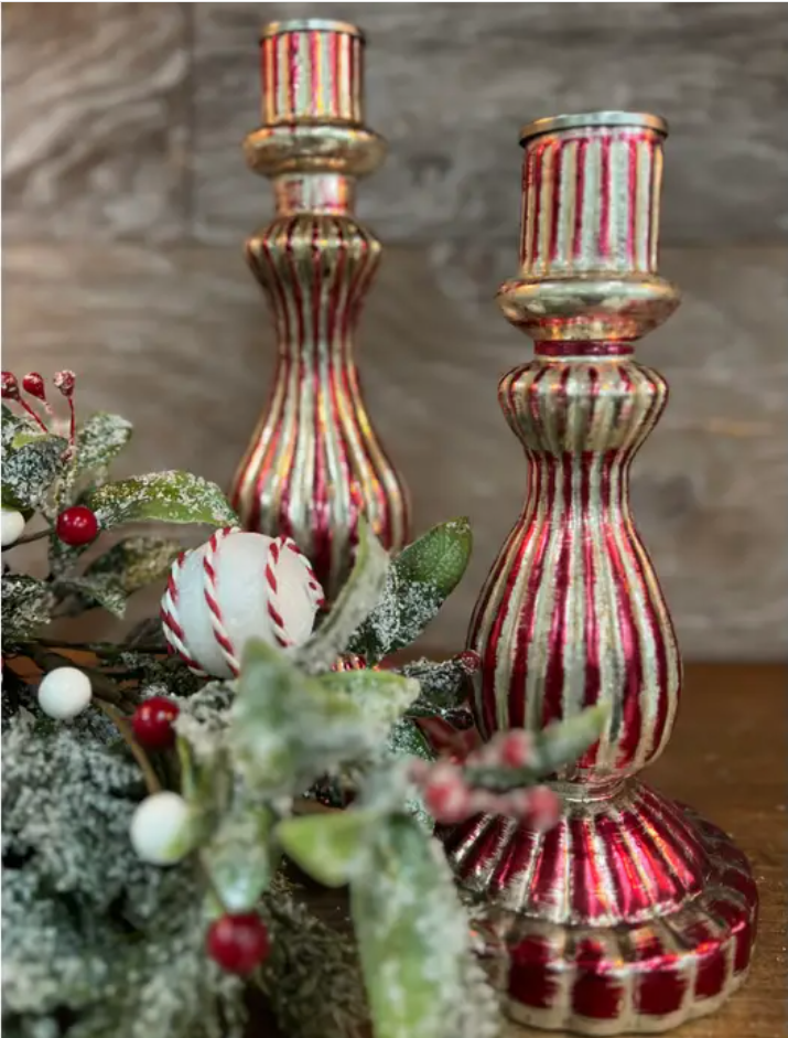 Large Candy-Striped Glass Candle Holder - 4.5"x11"