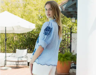 THML Embroidered Puff Sleeve Stripe Top