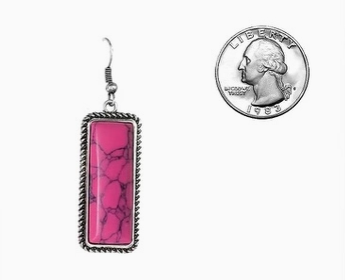 Western Rectangle Stone Dangle Earrings - Fuchsia Pink