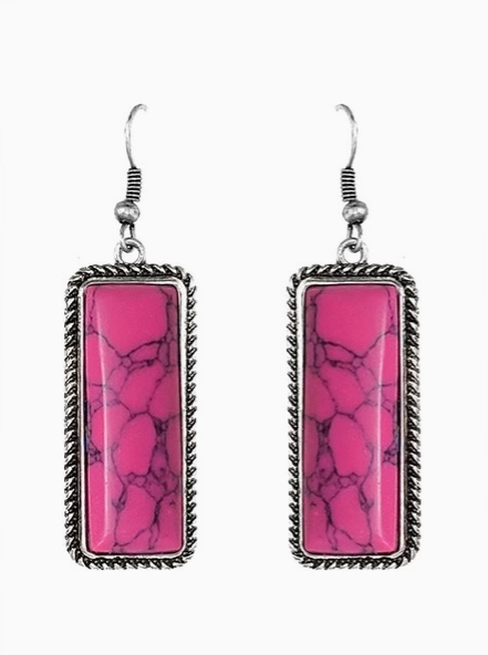 Western Rectangle Stone Dangle Earrings - Fuchsia Pink