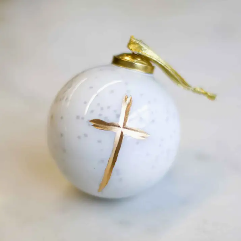 Cross Glass Ball Ornament - White and Gold 4"
