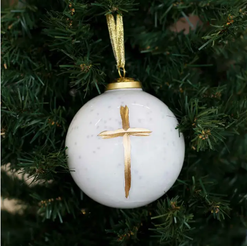Cross Glass Ball Ornament - White and Gold 4"