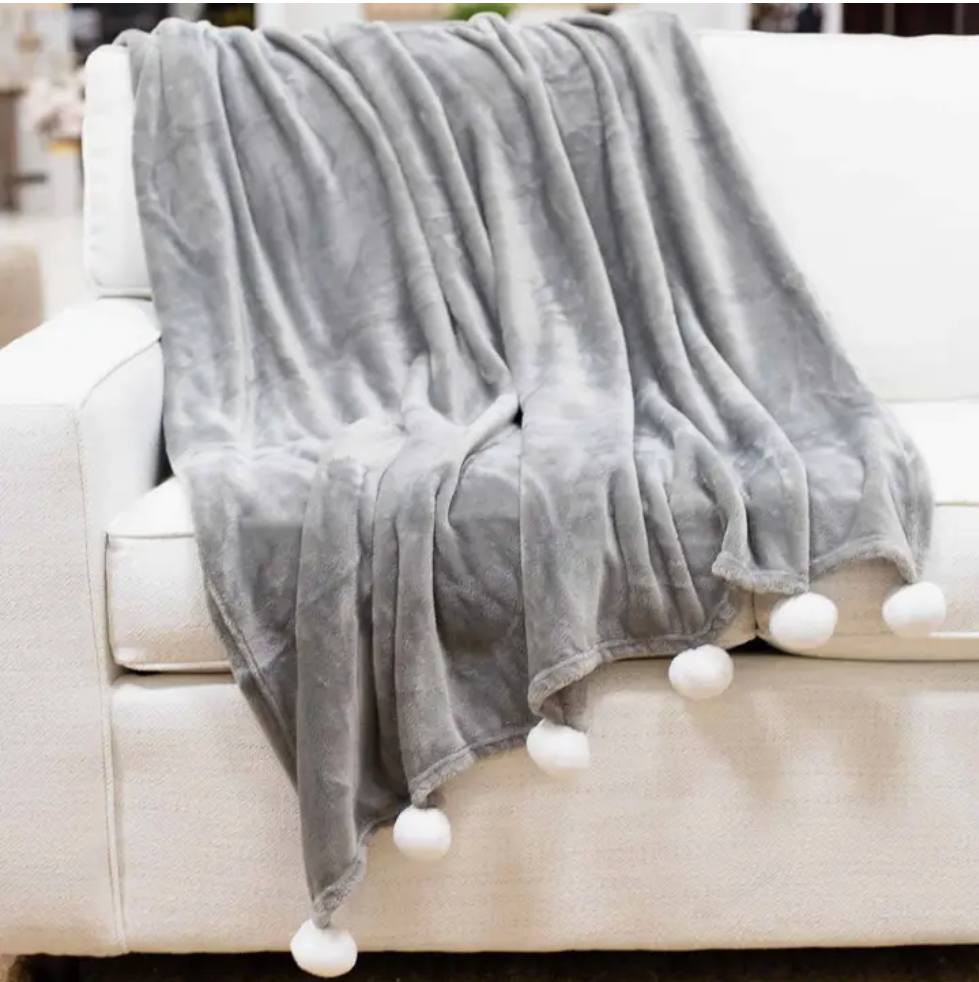 Gray and White Pom Pom Throw Blanket - 50"x60"