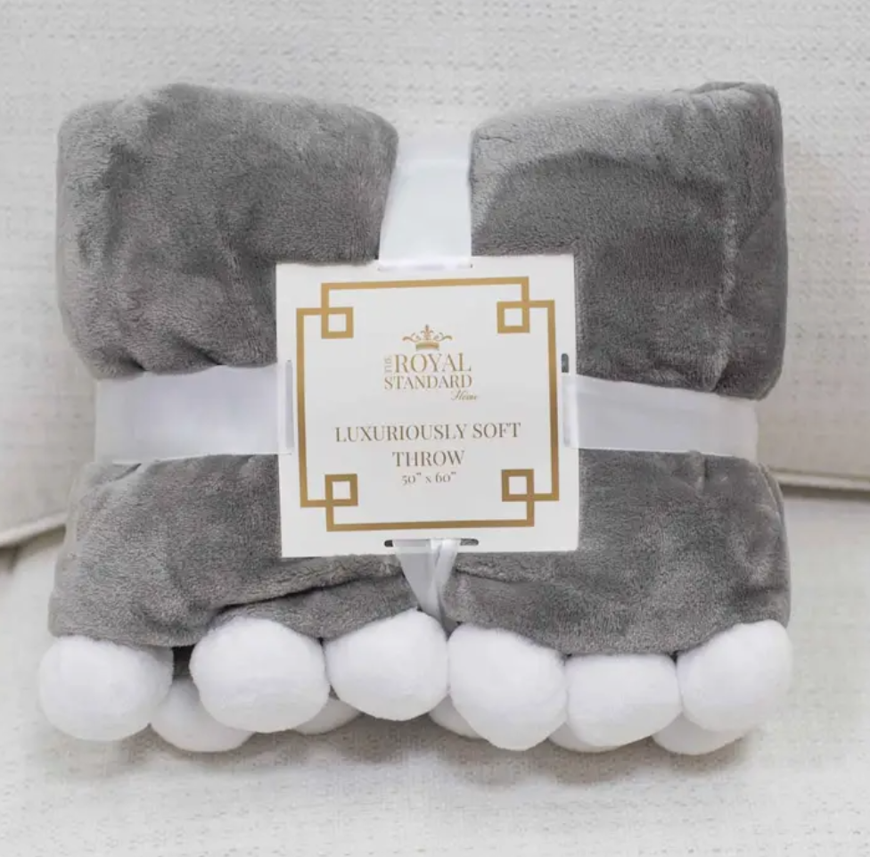 Gray and White Pom Pom Throw Blanket - 50"x60"