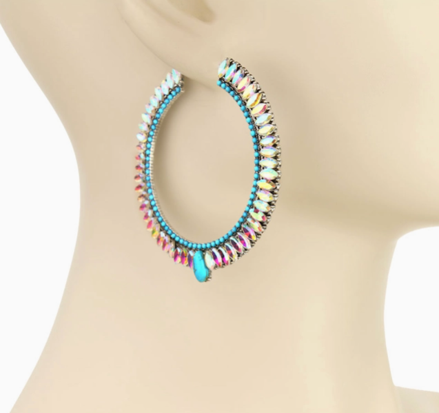 Western Glass Bling Stone Post Hoop Earrings