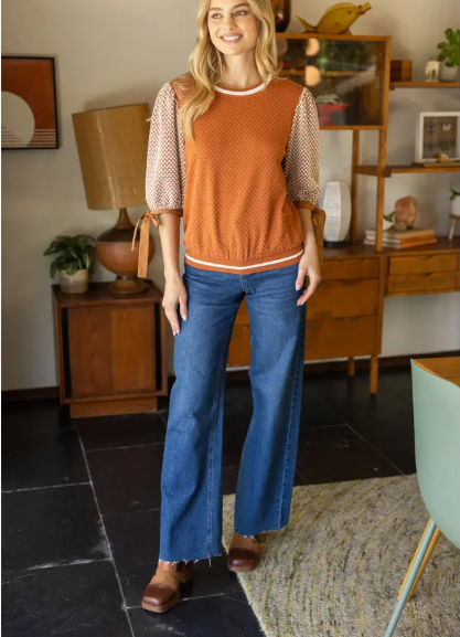 Color Block Textured Knit Bow Tie Sleeve Top