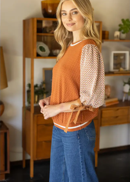 Color Block Textured Knit Bow Tie Sleeve Top