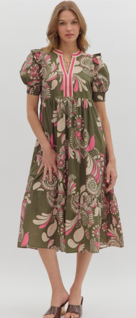Green Paisly Pattern Long V-Neck Dress