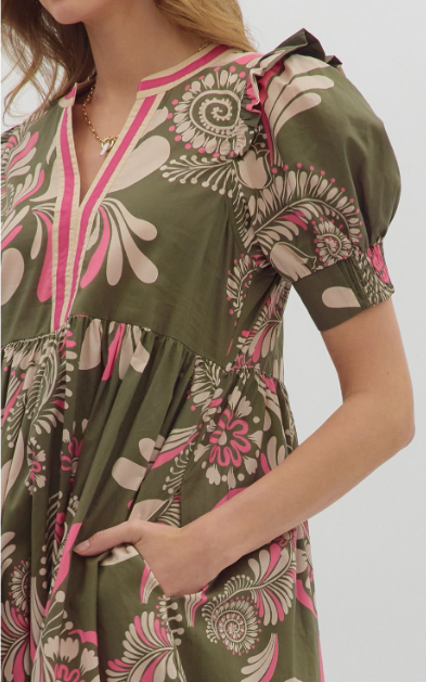 Green Paisly Pattern Long V-Neck Dress