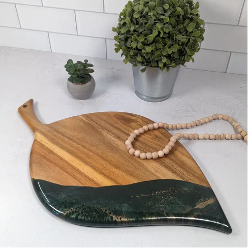 Resin Leaf Shaped Cutting Board in Jade -  11"x19"