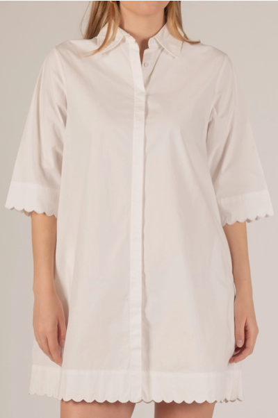 Poplin Scalloped Hem Button Up Shirt Dress - White