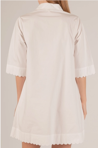 Poplin Scalloped Hem Button Up Shirt Dress - White