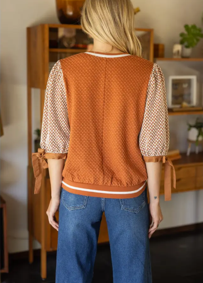 Color Block Textured Knit Bow Tie Sleeve Top
