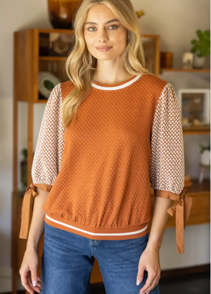 Color Block Textured Knit Bow Tie Sleeve Top