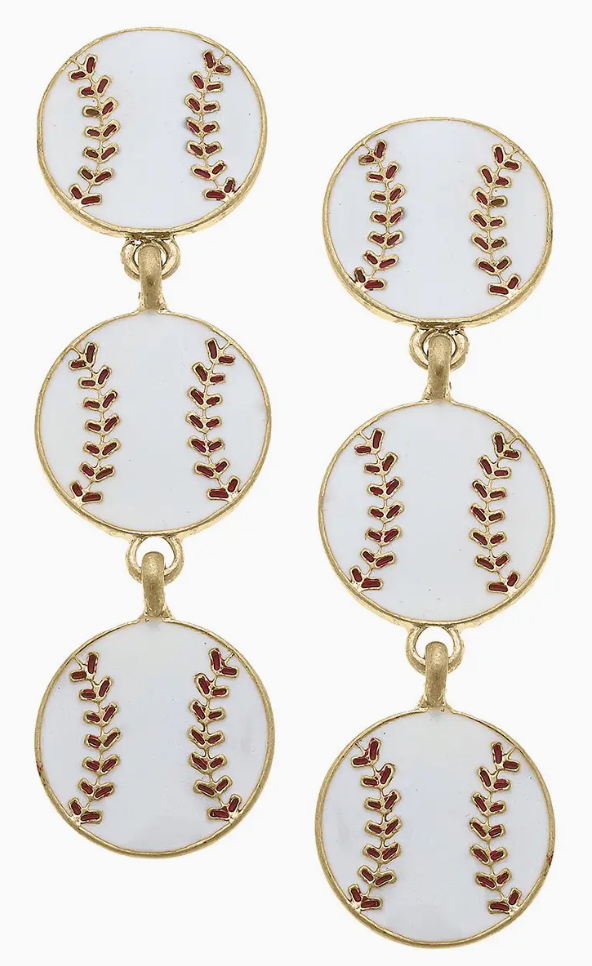 Baseball Triple Drop Enamel Earrings in White & Red