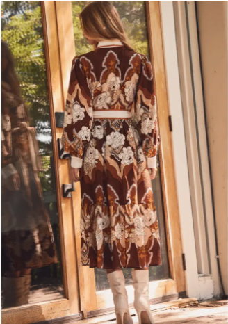 Retro Print Long-Sleeve Midi Dress with Tie Waist