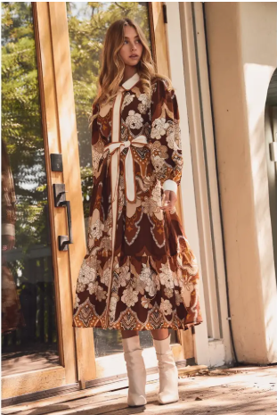 Retro Print Long-Sleeve Midi Dress with Tie Waist