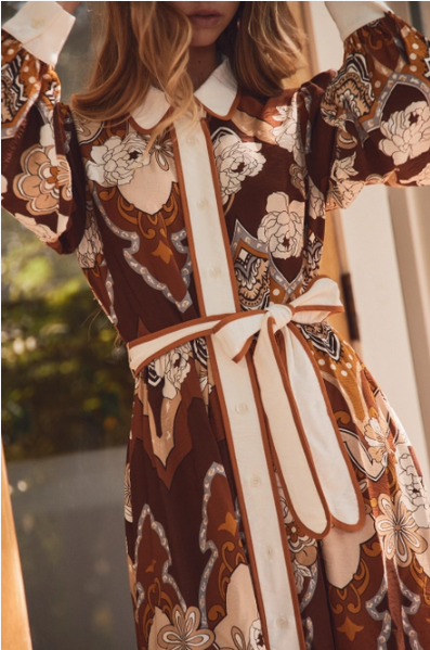 Retro Print Long-Sleeve Midi Dress with Tie Waist