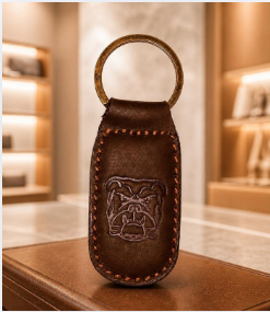 Leather Bulldog Embossed Keychain - Dark Brown