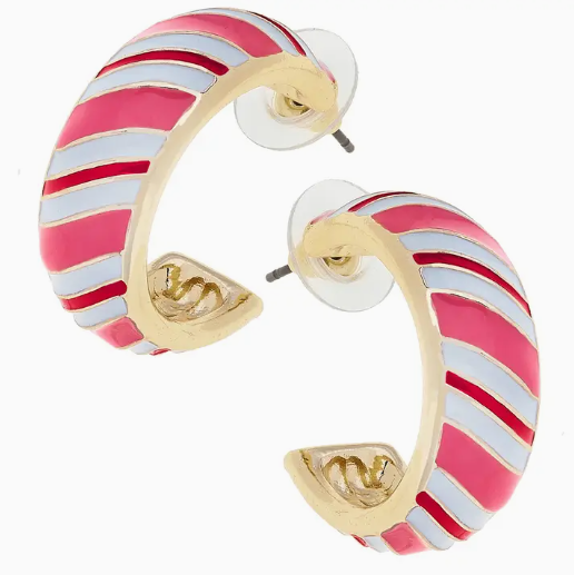 Candy Cane Striped Hoop Earrings in Pink/White/Red