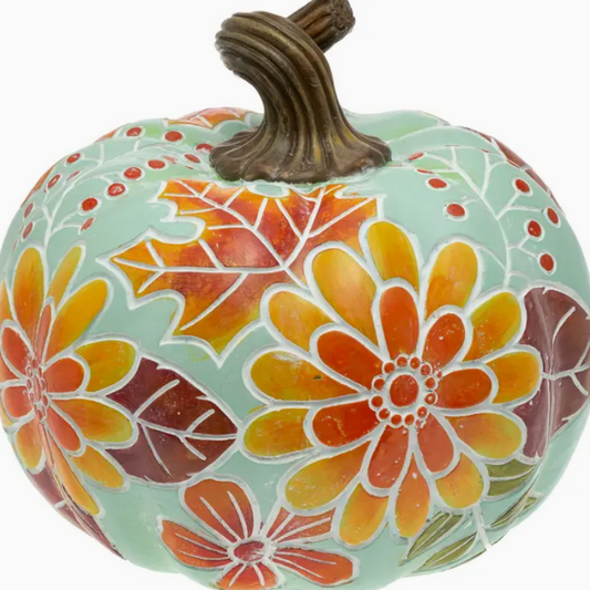Carved Floral Blue Resin Pumpkin