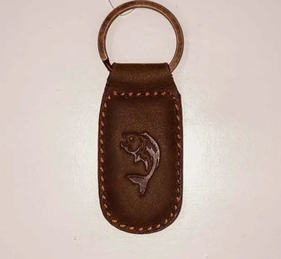 Fish Embossed Leather Keychain - Dark Brown
