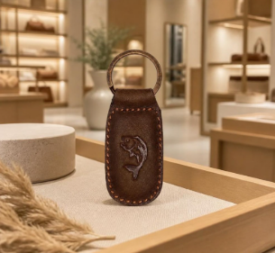 Fish Embossed Leather Keychain - Dark Brown Fisherman Gift