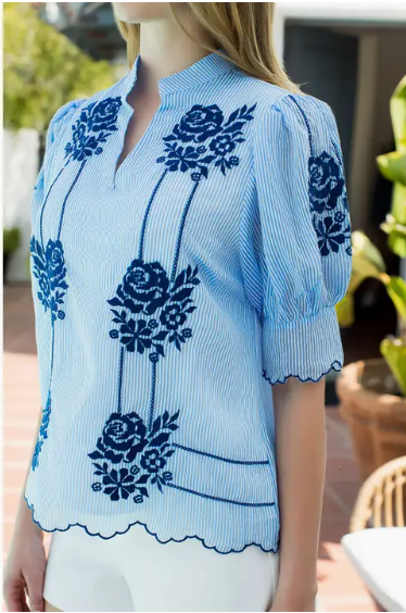 THML Embroidered Puff Sleeve Stripe Top