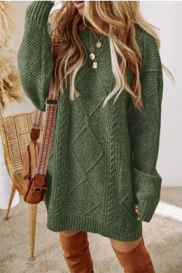 Green Grace Cable Knit Loose Fit Knit Sweater Dress