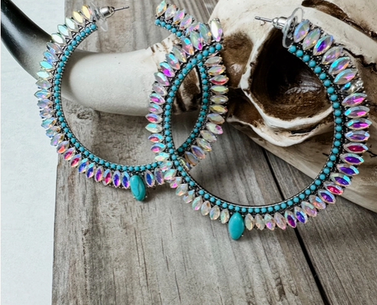 Western Glass Bling Stone Post Hoop Earrings