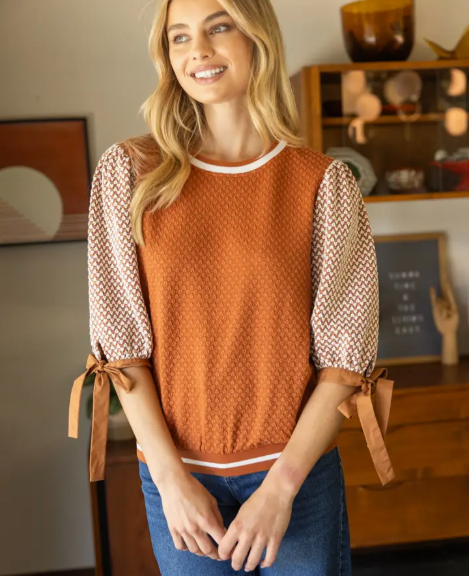 Color Block Textured Knit Bow Tie Sleeve Top