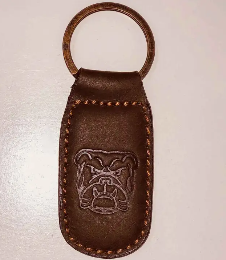 Leather Bulldog Embossed Keychain - Dark Brown