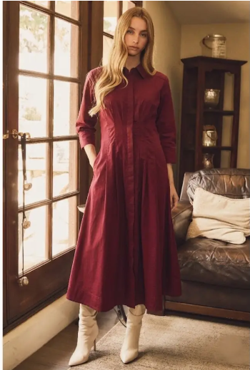 Button Front Cotton Shirt Midi Dress with Puff Sleeves