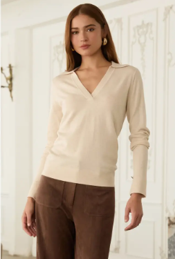 Long Sleeve Polo Knit Top | Cream