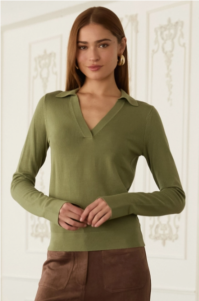 Long Sleeve Polo Knit Top | Olive