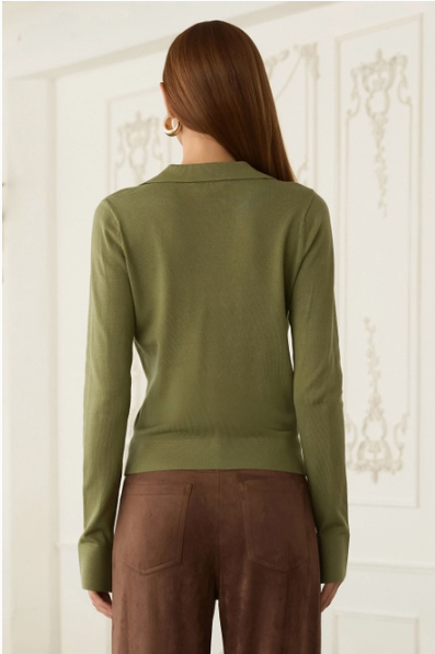 Long Sleeve Polo Knit Top | Olive