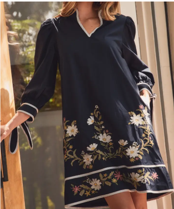 Embroidered Navy Dress