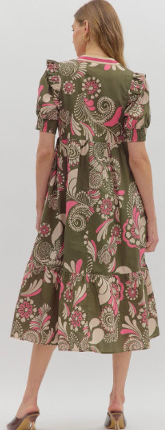 Green Paisly Pattern Long V-Neck Dress