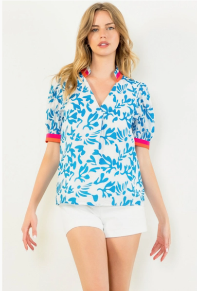 Short Sleeve Print Top - Blue/White
