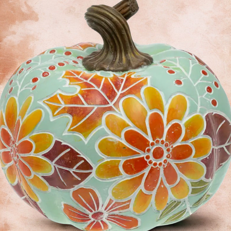 Carved Floral Blue Resin Pumpkin