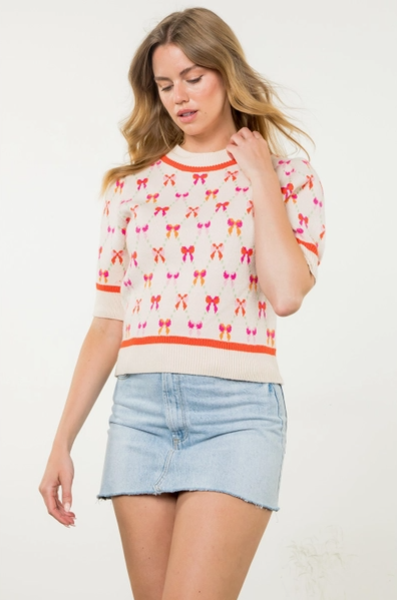 Short Sleeve Ribbon Pattern Knit Top