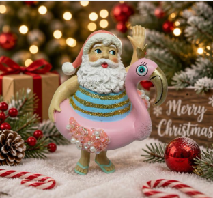Santa in Pink Flamingo Float Christmas Ornament