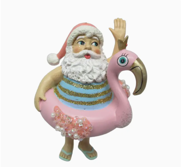 Santa in Pink Flamingo Float Christmas Ornament