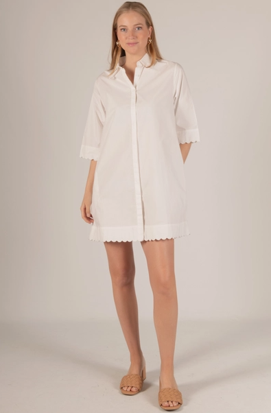 Poplin Scalloped Hem Button Up Shirt Dress - White