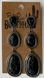 Western Metal Stone Drop Earrings 3 Tier - Black