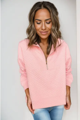 Pink Textured 1/4 Zip Front Pullover