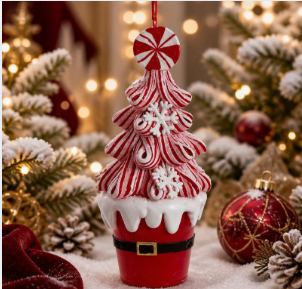 Kurt Adler Candy Cane Tree with Snowflakes & Santa Bucket Ornament