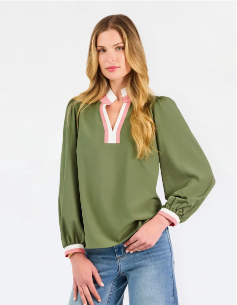 Tricia Fern Long Sleeve Split-Neck Top