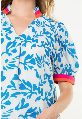 Short Sleeve Print Top - Blue/White