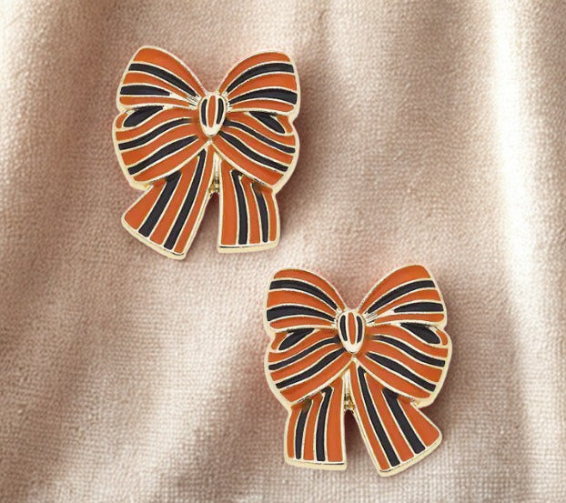 Halloween Striped Bow Earrings | Orange & Black | Cute Spooky Season Studs
